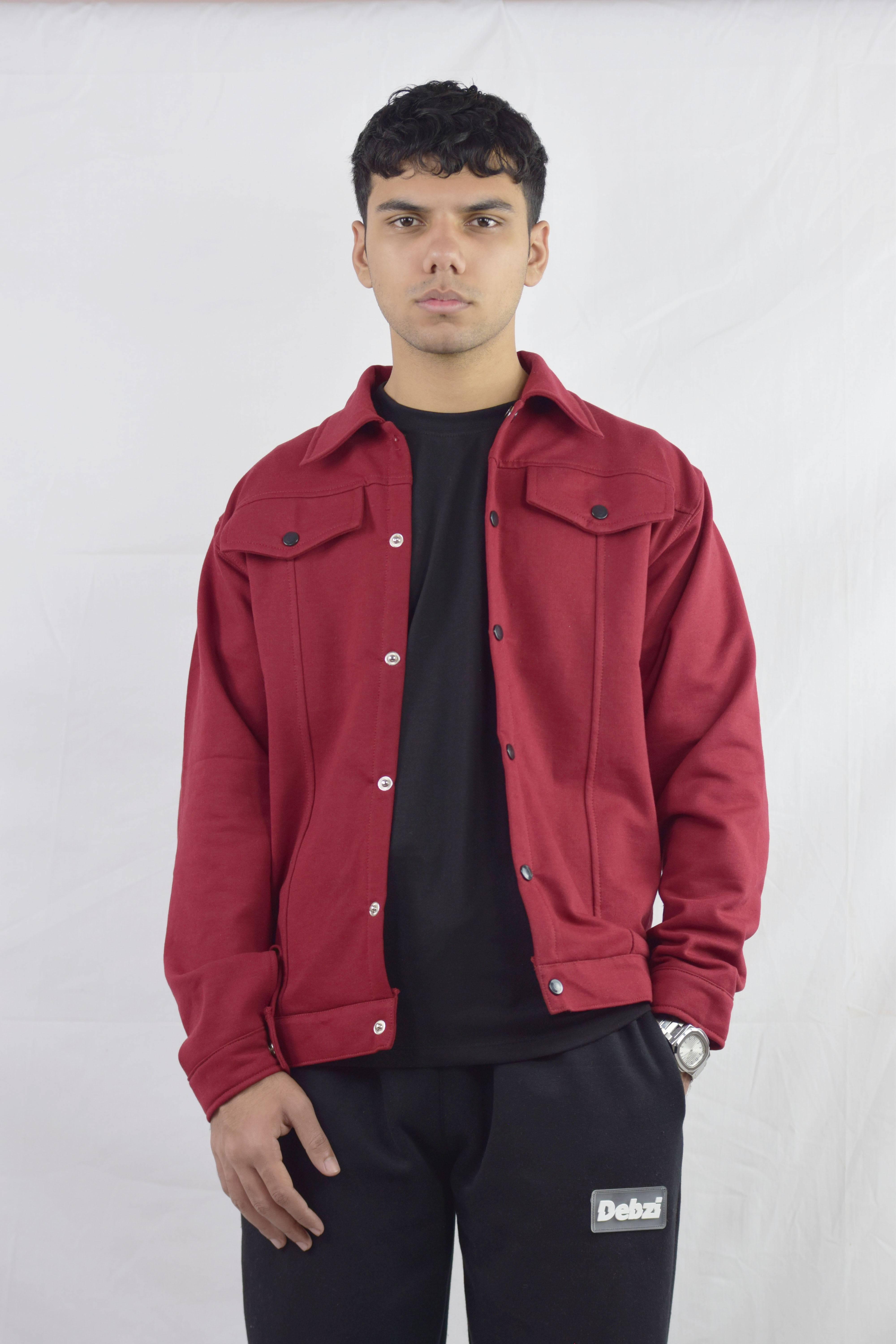 Maroon Oversized Snap-Up button shacket